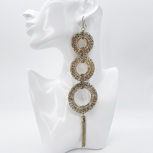 Trendy Three Tier Statement Earrings Gold Shoulder Duster - Picture 1 of 7